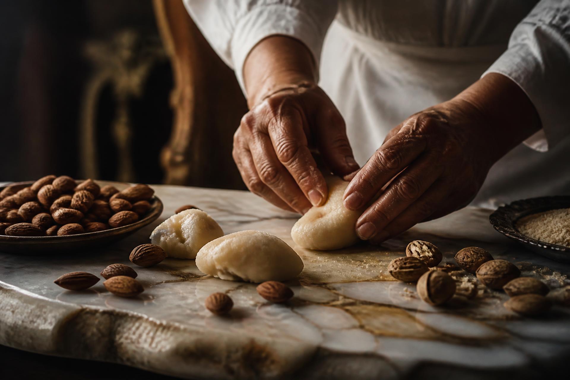 Mani che lavorano l'impasto su marmo
